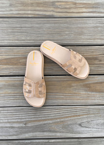 patent footbed slide sandal