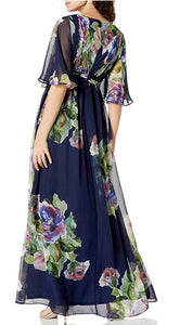 floral chiffon flutter sleeve gown