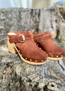 women's brown suede studded clog shoe