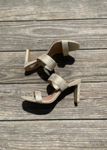 2 band metallic block heel sandal