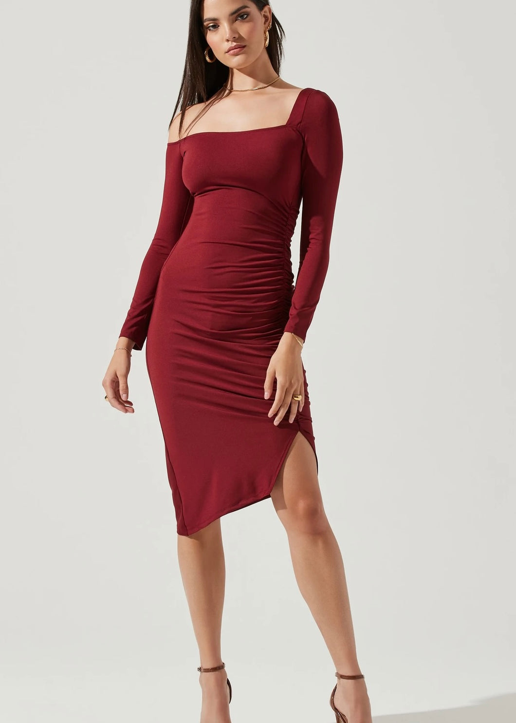 womens long sleeve ruched jersey dress