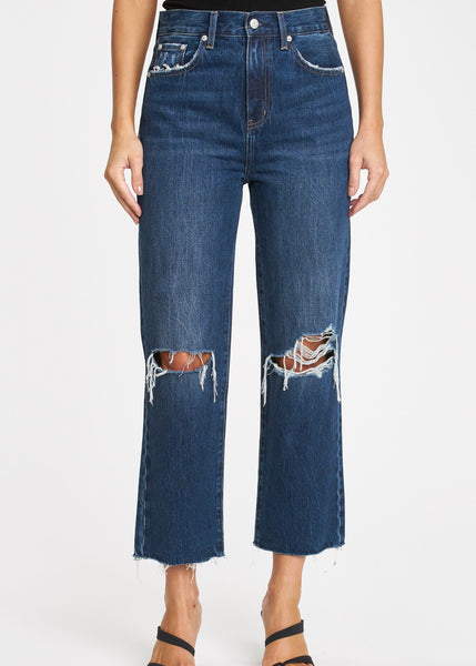 women distressed knee hirise straight crop jean