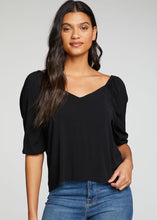 Load image into Gallery viewer, womens black double v puff sleeve tee
