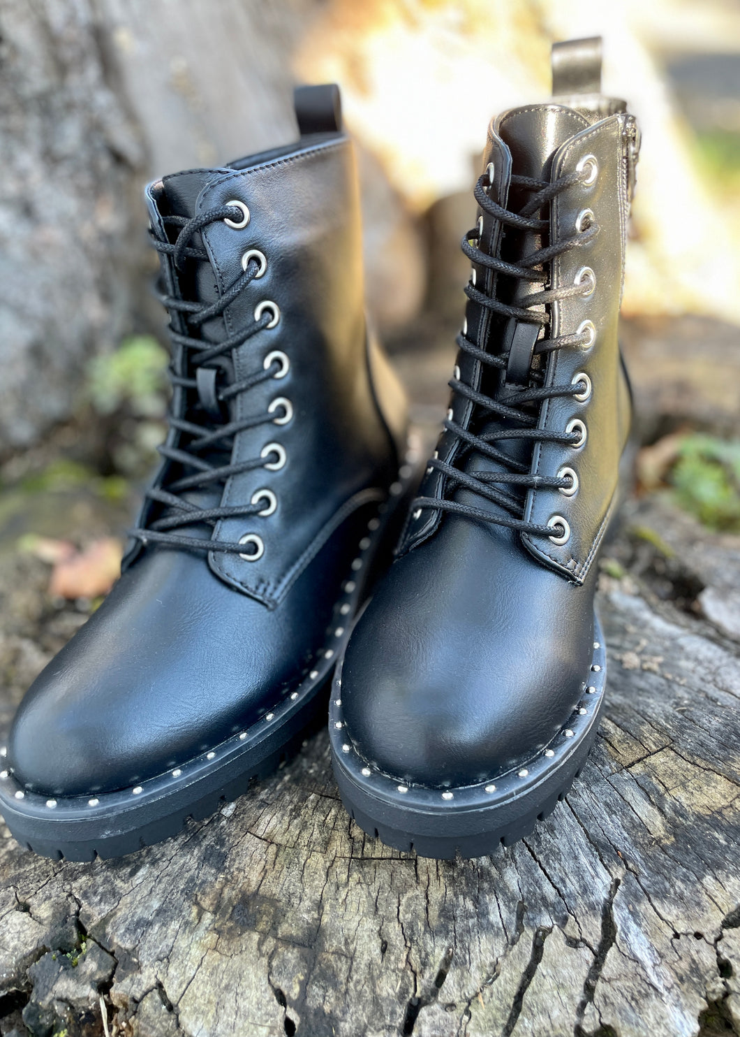 faux leather studded  black combat boot