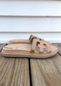 women patent footbed slide sandal