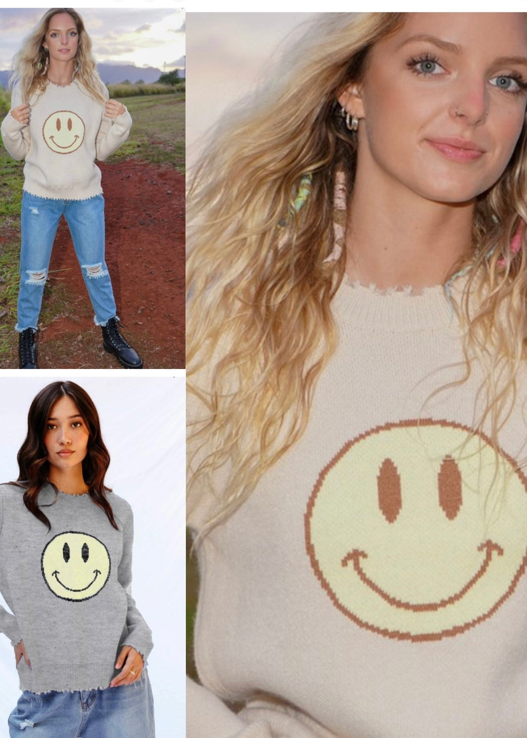 womens distressed smiley intarsia sweater