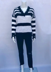 v-neck distressed stripe sweater