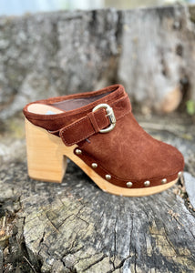 women's brown suede studded clog shoe