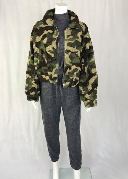 camo sherpa zip bomber