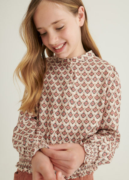 girls print smocked hem blouse