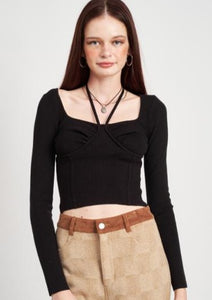 women bustier detail knit long sleeve top