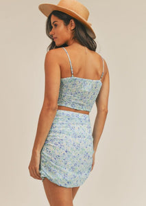 ruched floral mini skirt